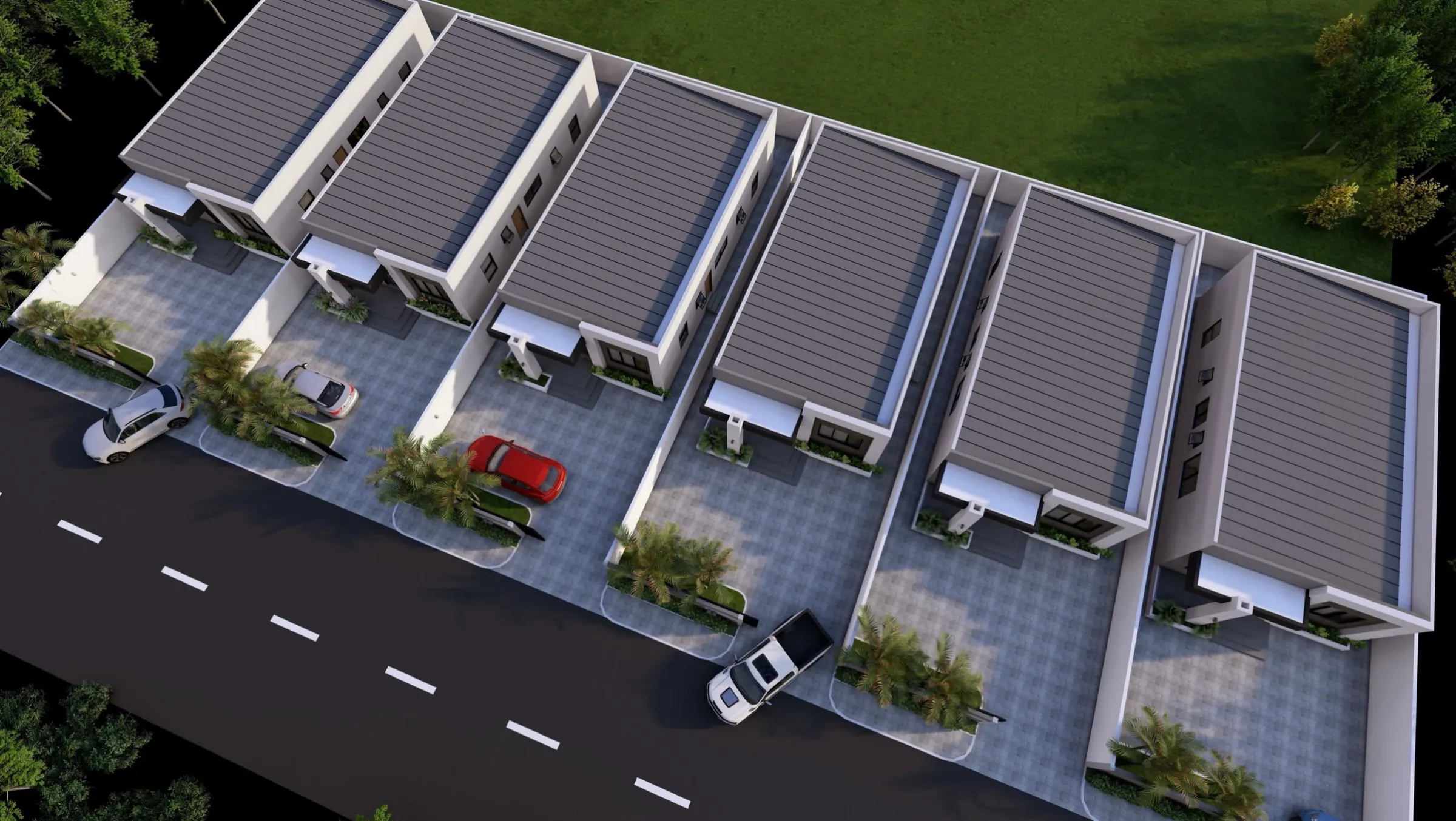 Aerial view of all six homes in a row along the road