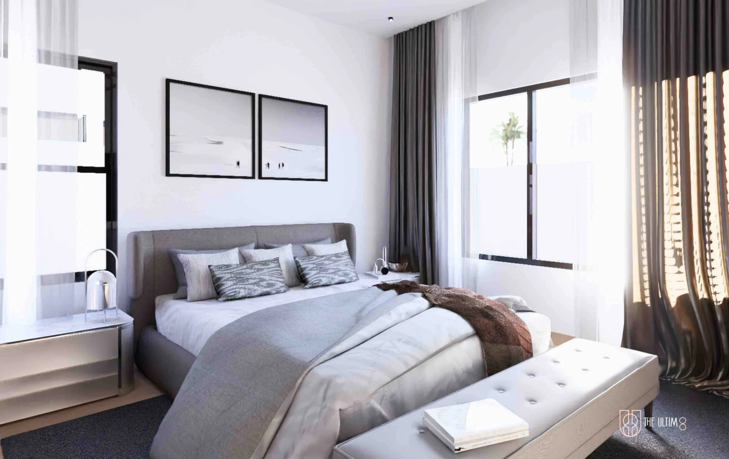 Master bedroom with a grey upholstered bed and full-height curtains