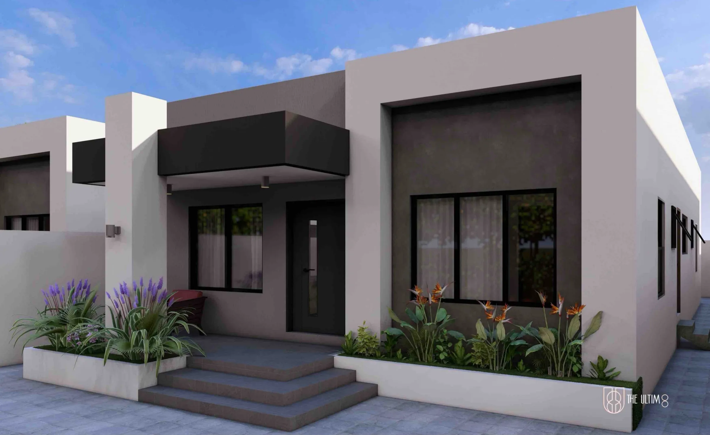 Front of an Ultim8 home, with the dark canopy over the porch and planters by the steps