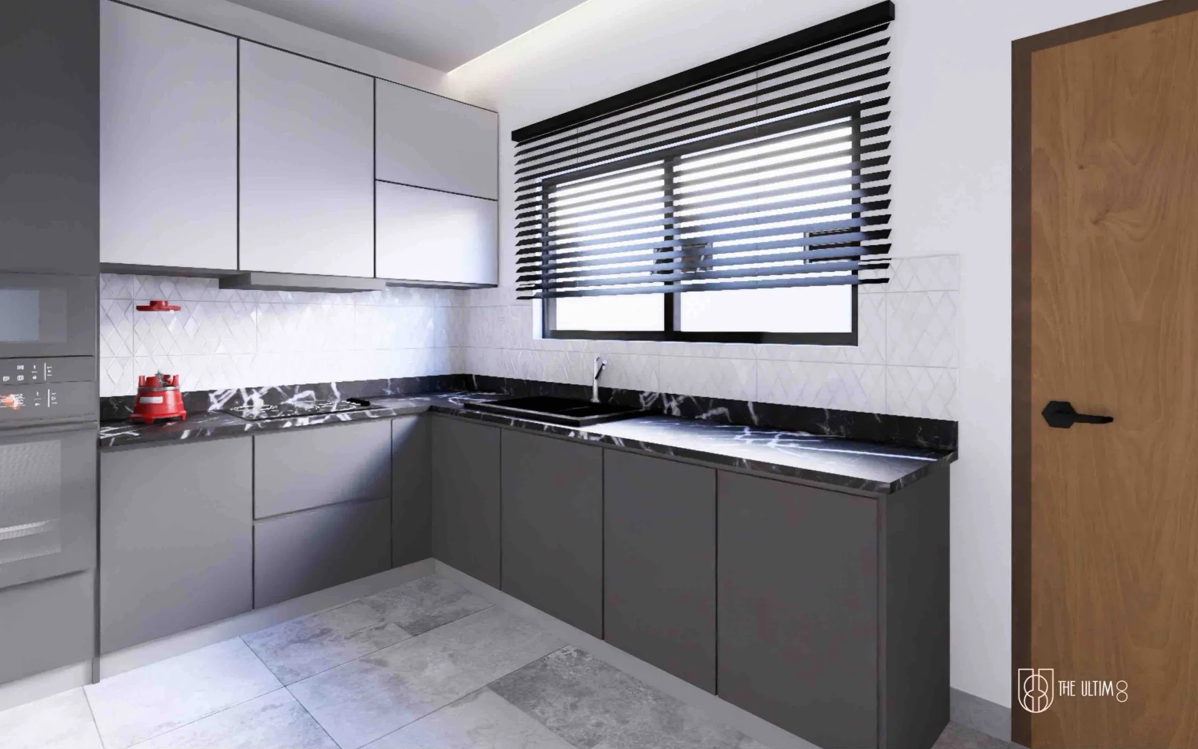 Grey fitted kitchen with a black marble worktop and the window over the sink