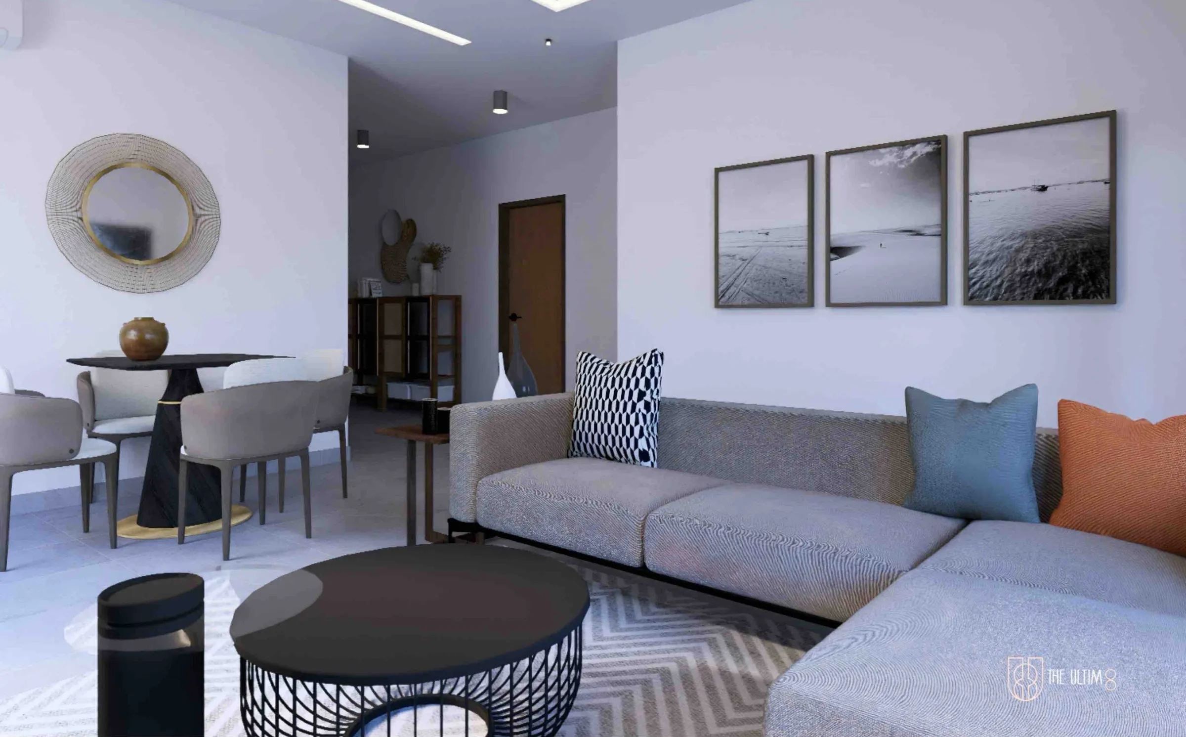 Living room with a grey L-shaped sofa and the dining table beyond